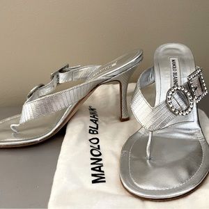 Vintage, never-been-worn Manolo Blahnik silver sandals with crystal detailing.
